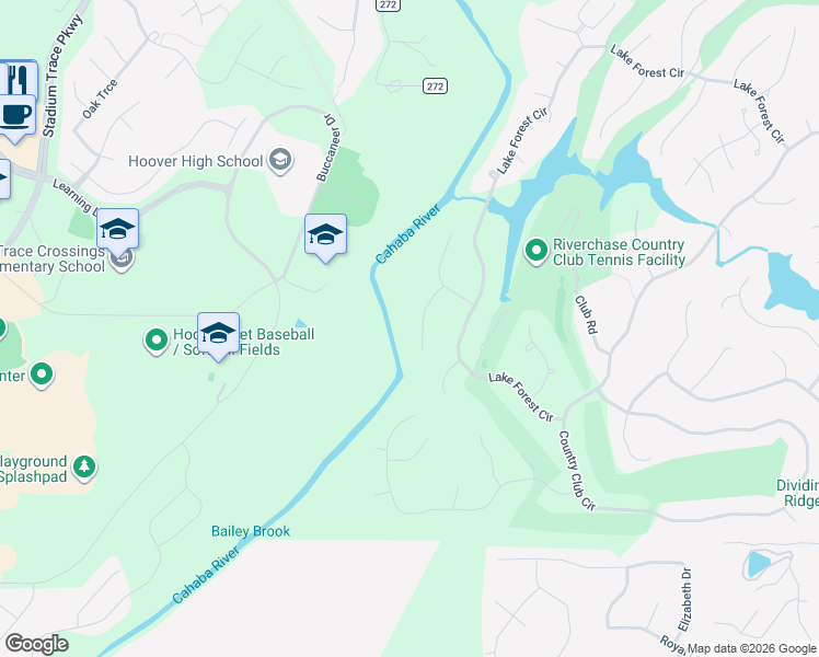 map of restaurants, bars, coffee shops, grocery stores, and more near 1220 River Road in Hoover