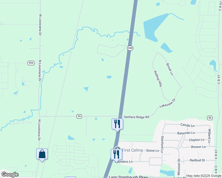 map of restaurants, bars, coffee shops, grocery stores, and more near 1414 North Preston Road in Celina