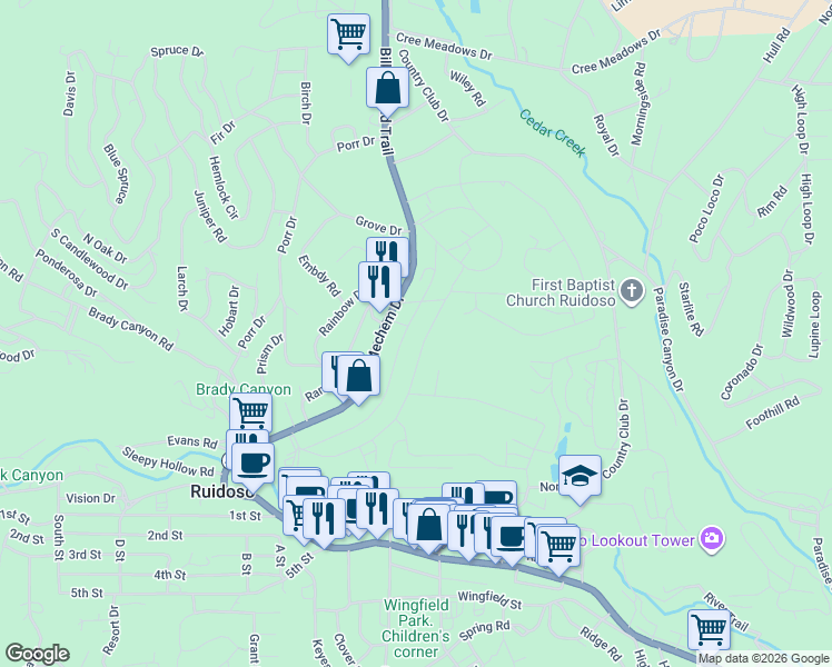 map of restaurants, bars, coffee shops, grocery stores, and more near 234-274 Lower Terrace Drive in Ruidoso