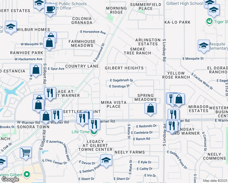 map of restaurants, bars, coffee shops, grocery stores, and more near 630 South Corrine Court in Gilbert