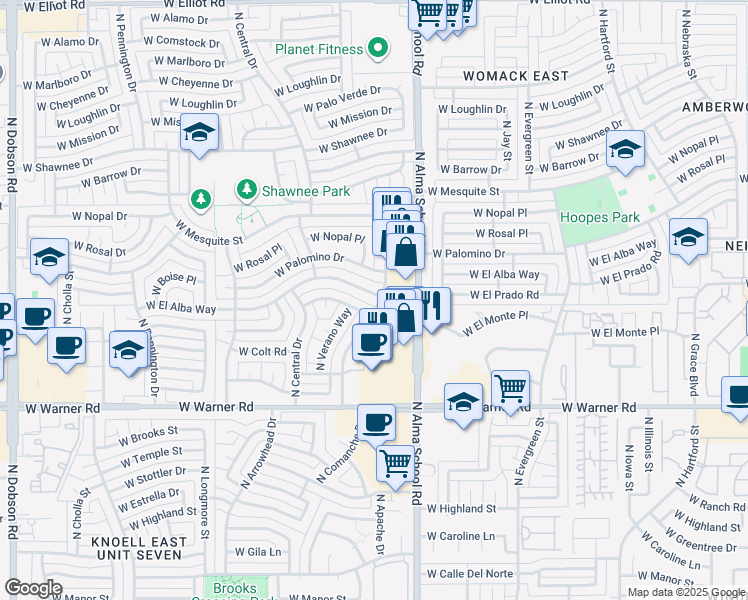 map of restaurants, bars, coffee shops, grocery stores, and more near 1101 West El Alba Way in Chandler