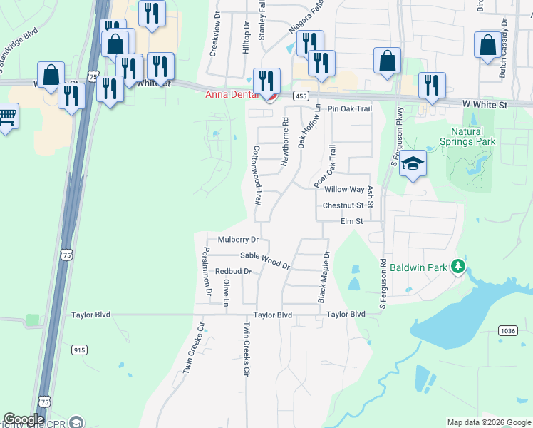 map of restaurants, bars, coffee shops, grocery stores, and more near 1424 Oak Hollow Lane in Anna