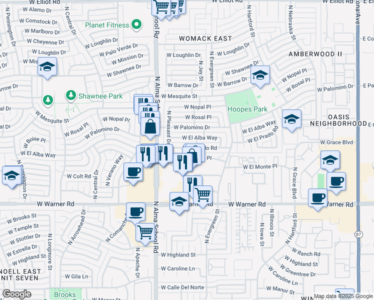 map of restaurants, bars, coffee shops, grocery stores, and more near 811 West El Prado Road in Chandler