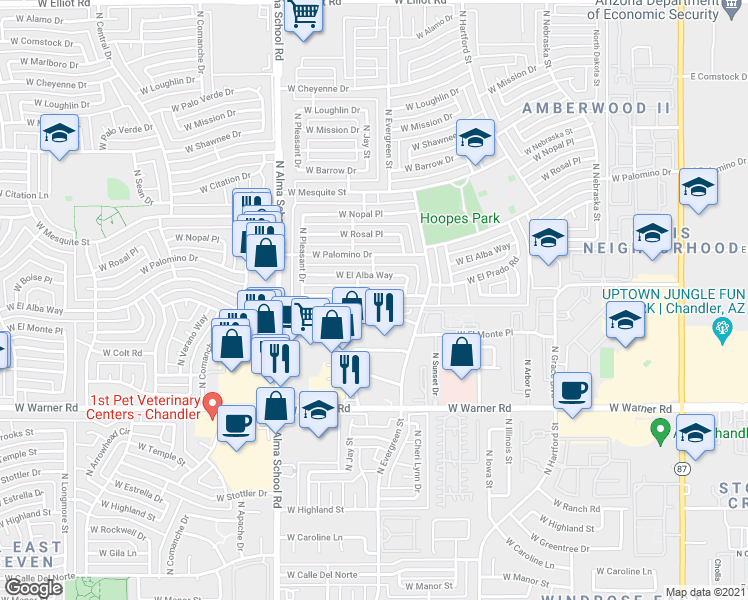 map of restaurants, bars, coffee shops, grocery stores, and more near 737 West El Prado Road in Chandler