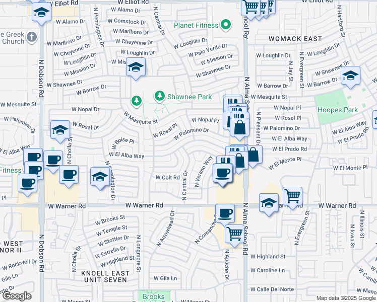 map of restaurants, bars, coffee shops, grocery stores, and more near 1208 West El Prado Road in Chandler
