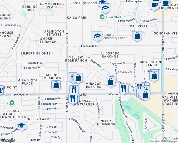 map of restaurants, bars, coffee shops, grocery stores, and more near 963 East Saratoga Street in Gilbert