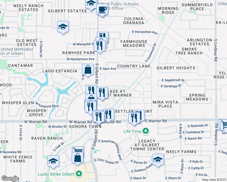 map of restaurants, bars, coffee shops, grocery stores, and more near 117 East Catclaw Street in Gilbert