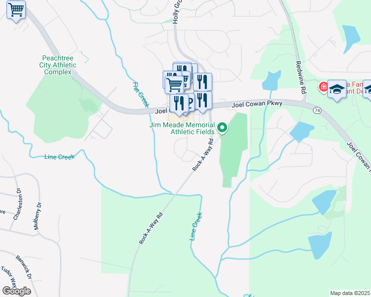 map of restaurants, bars, coffee shops, grocery stores, and more near 200 Rock-A-Way Road in Peachtree City