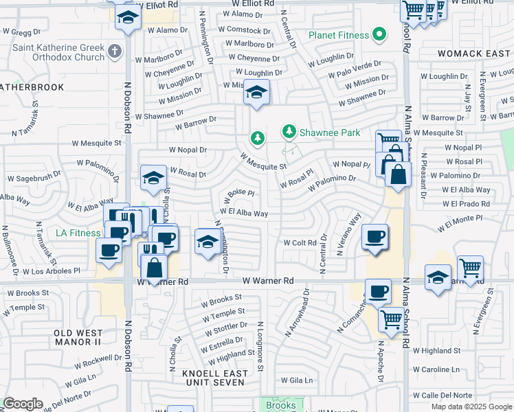 map of restaurants, bars, coffee shops, grocery stores, and more near 2206 North Longmore Street in Chandler