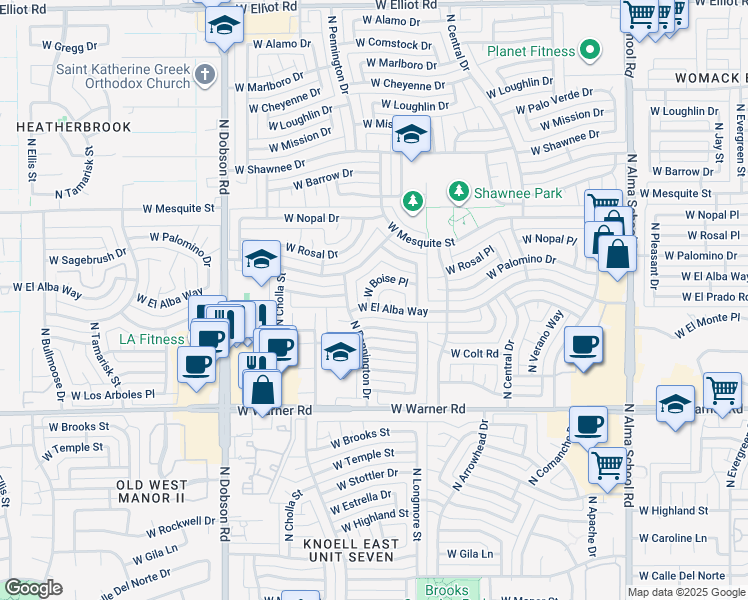 map of restaurants, bars, coffee shops, grocery stores, and more near 1623 West Boise Place in Chandler