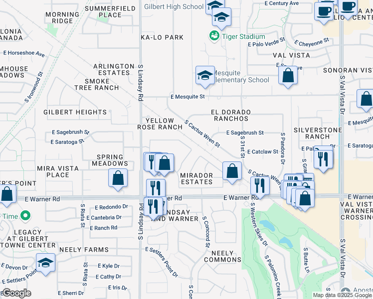 map of restaurants, bars, coffee shops, grocery stores, and more near 963 East Saratoga Street in Gilbert