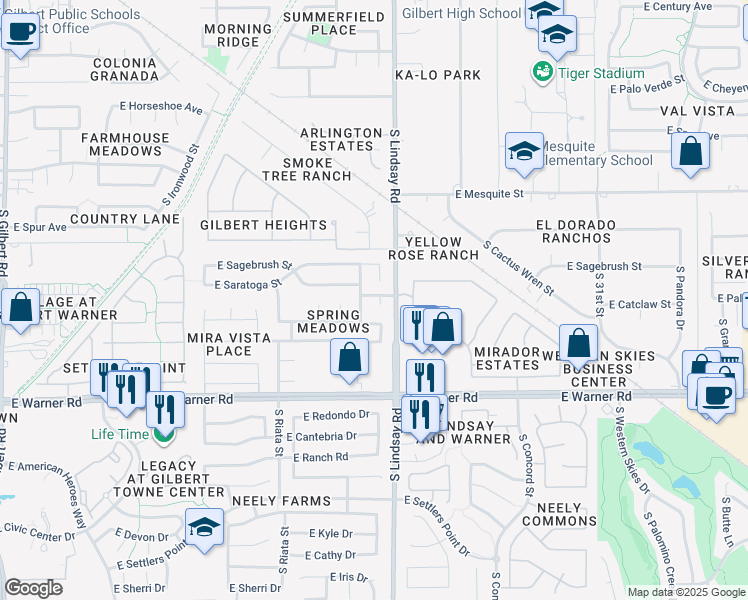 map of restaurants, bars, coffee shops, grocery stores, and more near 602 South Honeysuckle Lane in Gilbert