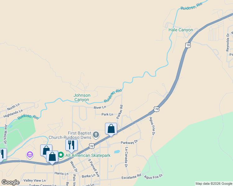 map of restaurants, bars, coffee shops, grocery stores, and more near 400-536 River Ln in Ruidoso Downs