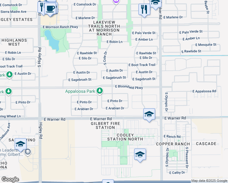 map of restaurants, bars, coffee shops, grocery stores, and more near 3694 East Appaloosa Road in Gilbert