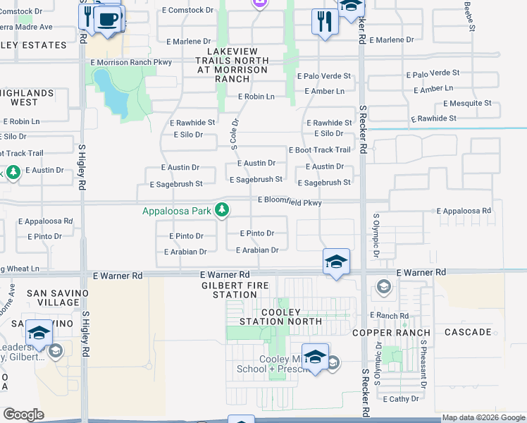 map of restaurants, bars, coffee shops, grocery stores, and more near 3694 East Appaloosa Road in Gilbert