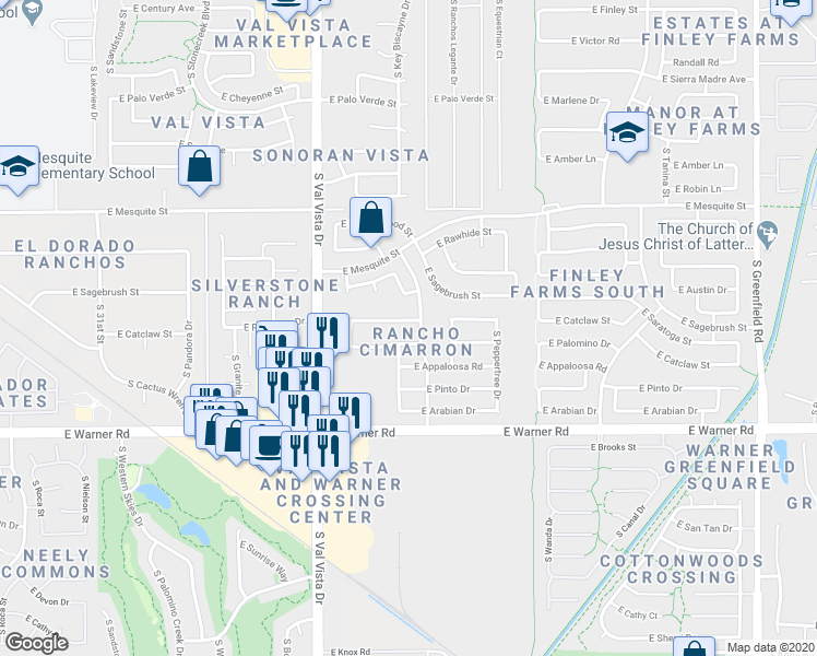 map of restaurants, bars, coffee shops, grocery stores, and more near 1759 East Saratoga Street in Gilbert