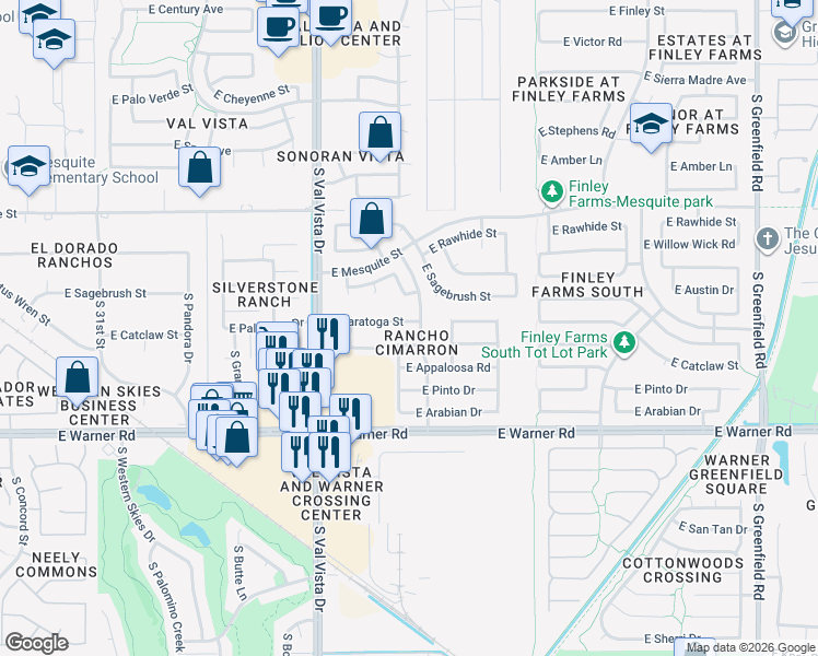 map of restaurants, bars, coffee shops, grocery stores, and more near 1775 East Saratoga Street in Gilbert