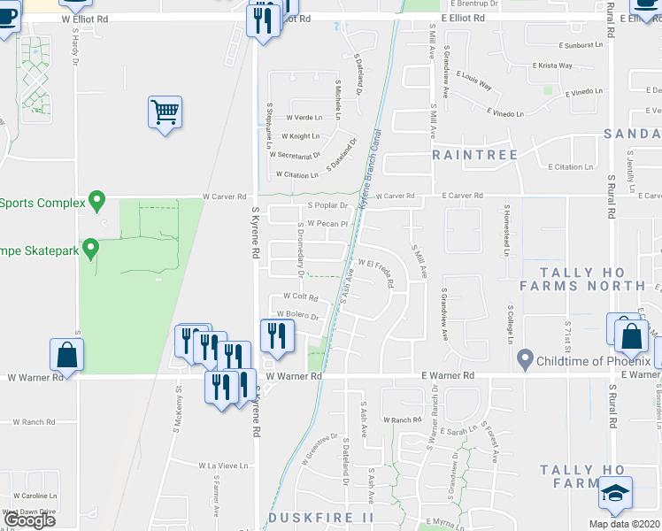 map of restaurants, bars, coffee shops, grocery stores, and more near 281 West El Freda Road in Tempe