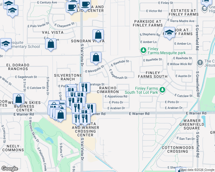 map of restaurants, bars, coffee shops, grocery stores, and more near 1775 East Saratoga Street in Gilbert