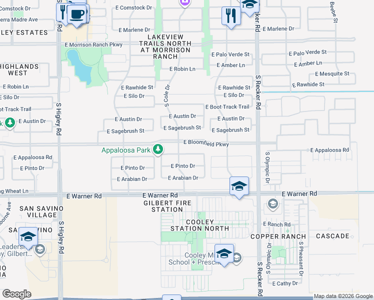 map of restaurants, bars, coffee shops, grocery stores, and more near 3694 East Appaloosa Road in Gilbert