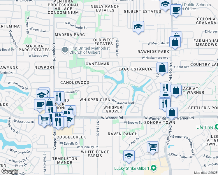 map of restaurants, bars, coffee shops, grocery stores, and more near 602 South Neely Street in Gilbert