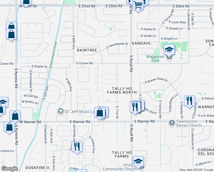 map of restaurants, bars, coffee shops, grocery stores, and more near 11826 South 71st Street in Tempe