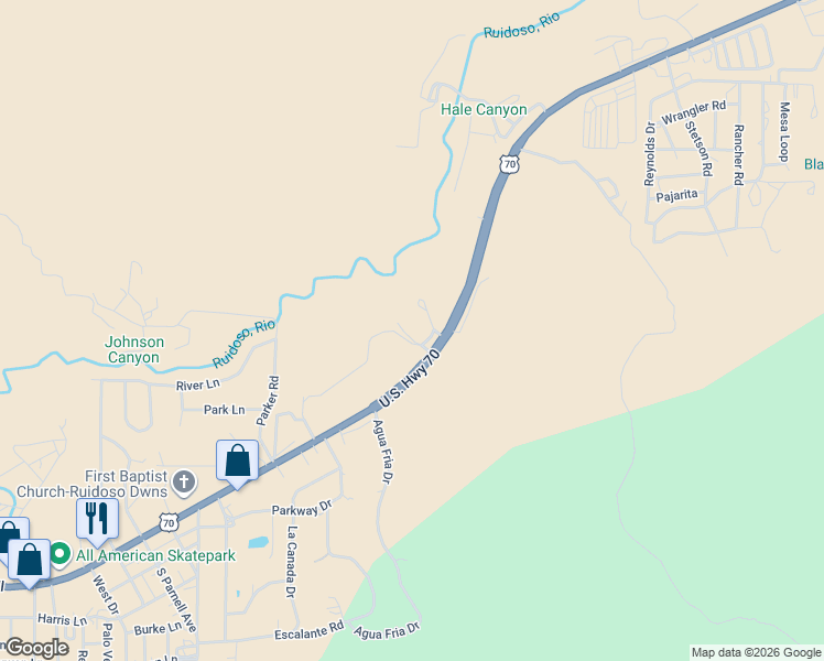 map of restaurants, bars, coffee shops, grocery stores, and more near 108 Tull Trail in Ruidoso Downs