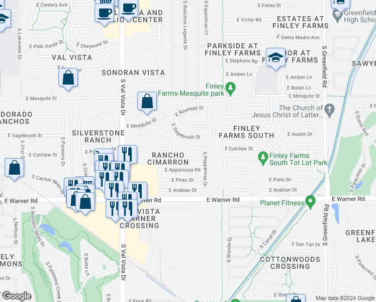 map of restaurants, bars, coffee shops, grocery stores, and more near 1855 East Saratoga Street in Gilbert