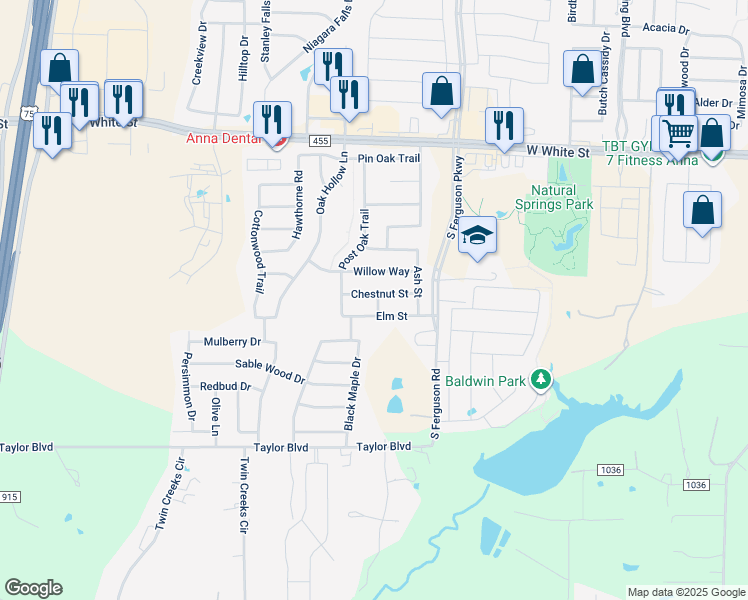 map of restaurants, bars, coffee shops, grocery stores, and more near 1701 Chestnut Street in Anna