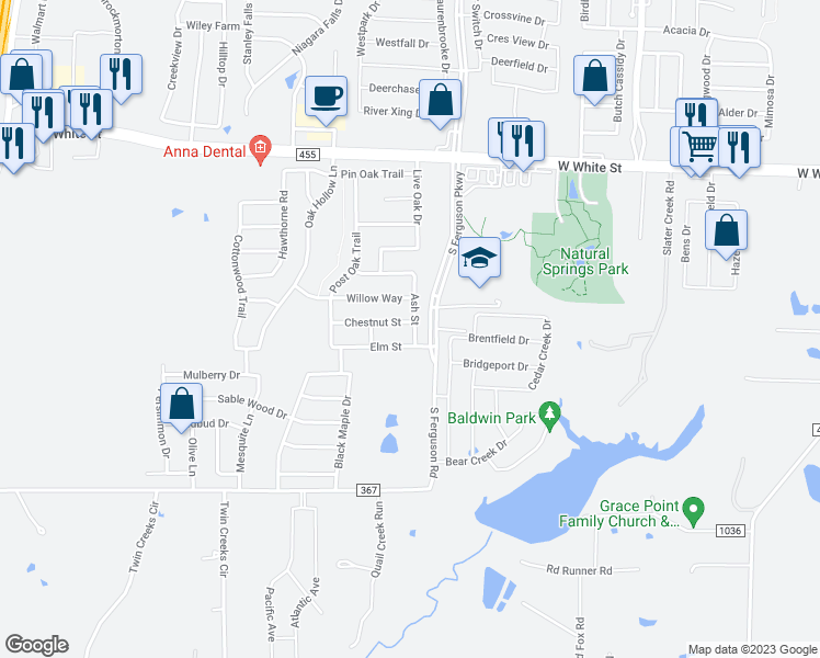 map of restaurants, bars, coffee shops, grocery stores, and more near 1601 Chestnut Street in Anna