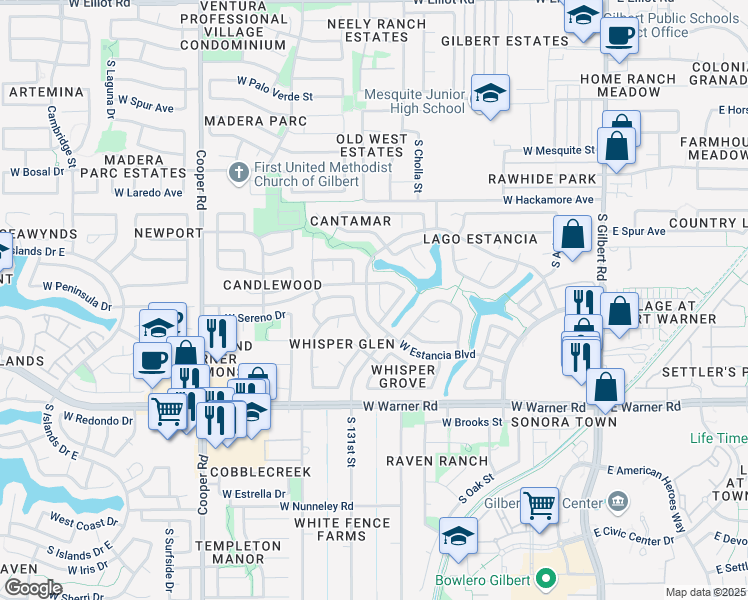 map of restaurants, bars, coffee shops, grocery stores, and more near 602 South Neely Street in Gilbert