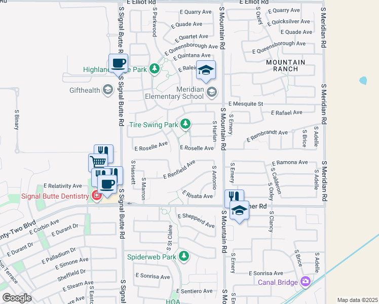 map of restaurants, bars, coffee shops, grocery stores, and more near 11045 East Roselle Avenue in Mesa