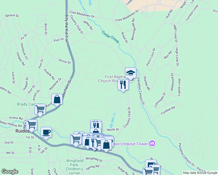 map of restaurants, bars, coffee shops, grocery stores, and more near 406 Barcus Road in Ruidoso