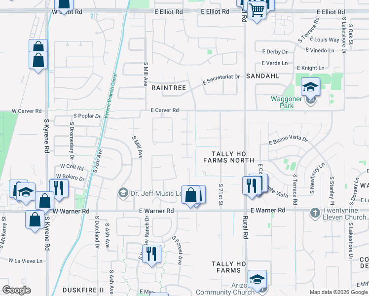 map of restaurants, bars, coffee shops, grocery stores, and more near 8363 South Homestead Lane in Tempe