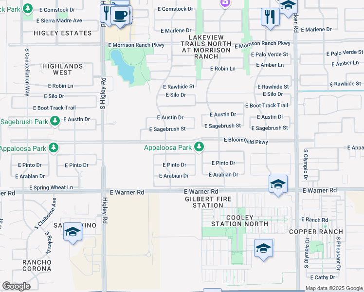 map of restaurants, bars, coffee shops, grocery stores, and more near 3540 East Appaloosa Road in Gilbert