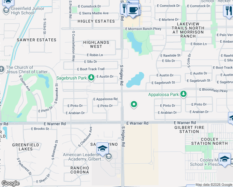 map of restaurants, bars, coffee shops, grocery stores, and more near 3164 East Appaloosa Road in Gilbert