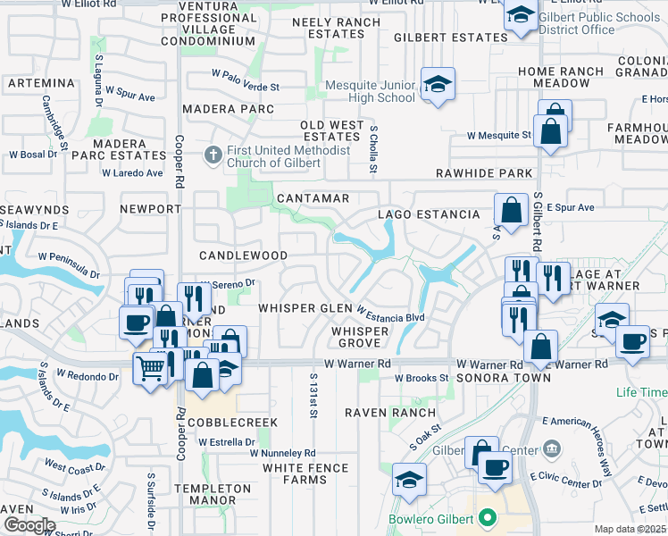 map of restaurants, bars, coffee shops, grocery stores, and more near 602 South Neely Street in Gilbert