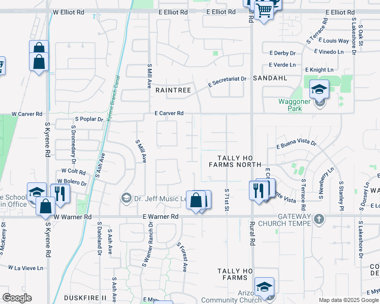 map of restaurants, bars, coffee shops, grocery stores, and more near 8363 South Homestead Lane in Tempe
