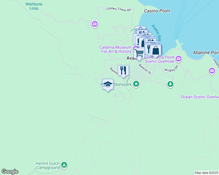map of restaurants, bars, coffee shops, grocery stores, and more near 20 Cabrillo Drive in Avalon