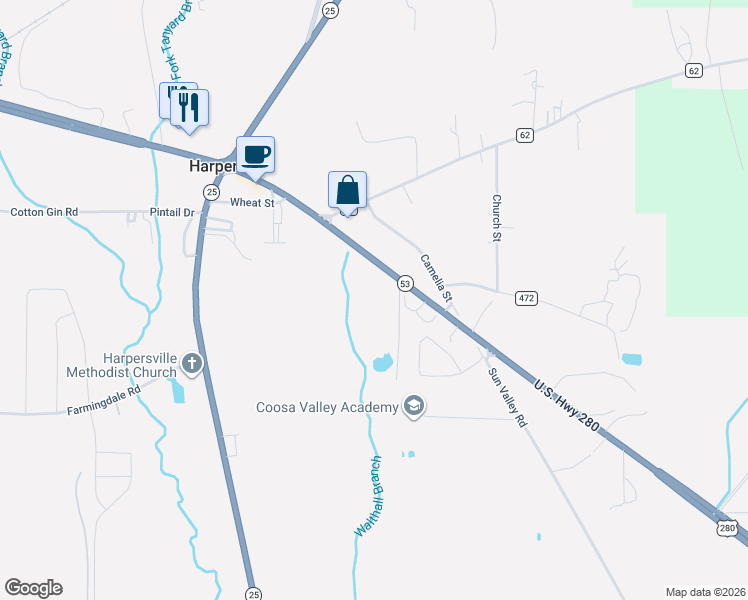 map of restaurants, bars, coffee shops, grocery stores, and more near 4847 U.S. 280 in Harpersville