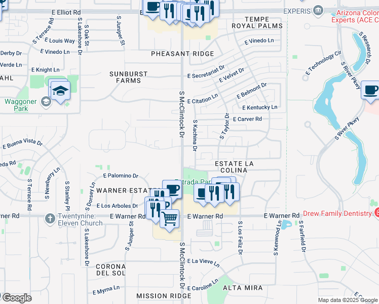 map of restaurants, bars, coffee shops, grocery stores, and more near 8404 South Kachina Drive in Tempe