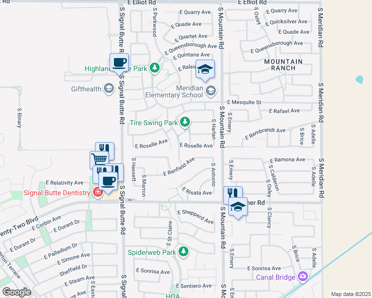 map of restaurants, bars, coffee shops, grocery stores, and more near 11045 East Roselle Avenue in Mesa