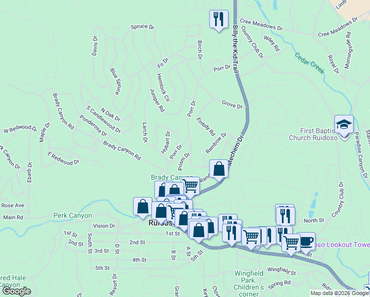 map of restaurants, bars, coffee shops, grocery stores, and more near 116 Porr Drive in Ruidoso