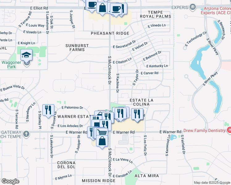 map of restaurants, bars, coffee shops, grocery stores, and more near 8404 South Kachina Drive in Tempe