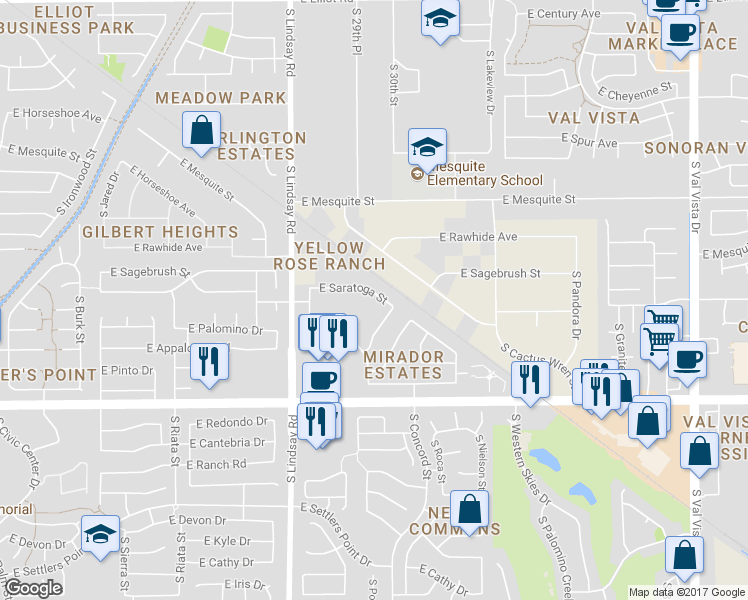 map of restaurants, bars, coffee shops, grocery stores, and more near 963 East Saratoga Street in Gilbert