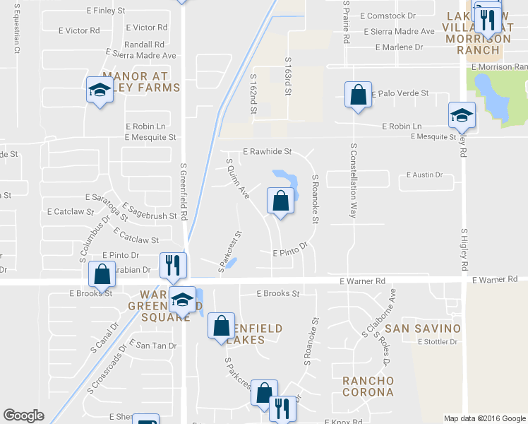 map of restaurants, bars, coffee shops, grocery stores, and more near 2636 East Appaloosa Street in Gilbert