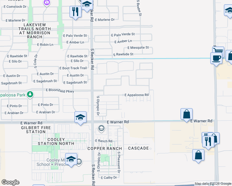 map of restaurants, bars, coffee shops, grocery stores, and more near 17909 East Warner Road in Gilbert