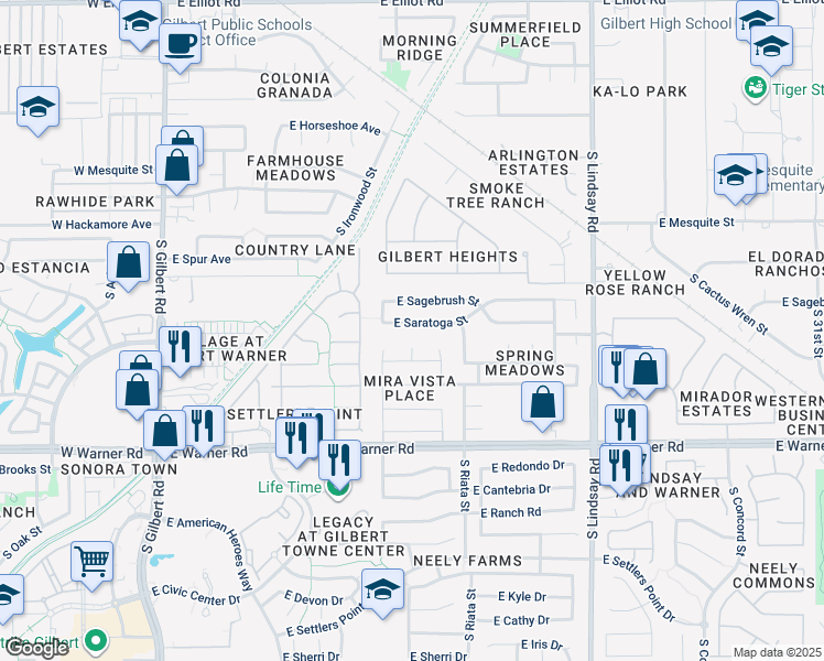map of restaurants, bars, coffee shops, grocery stores, and more near 630 South Corrine Court in Gilbert