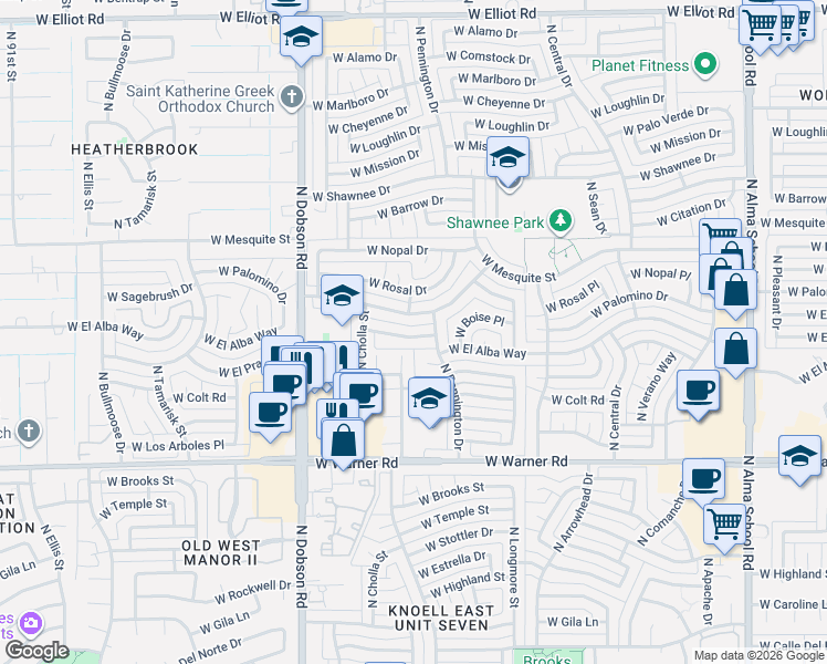 map of restaurants, bars, coffee shops, grocery stores, and more near 1701 West El Alba Way in Chandler