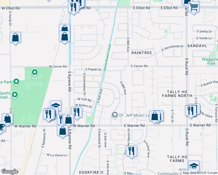 map of restaurants, bars, coffee shops, grocery stores, and more near 163 West El Freda Road in Tempe